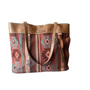 Justin Western Southwestern Tote Bag Brown Faux Leather Trim   16" L X 12" H